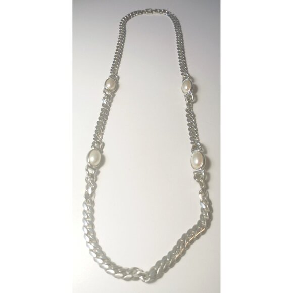 Necklace Silver Tone Chain & Faux Pearl Station Vintage 80s-Style - Picture 6 of 10